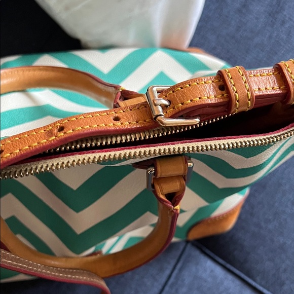 Dooney & Bourke Teal and Cream Chevron Satchel with Tan Leather Trim - Picture 9 of 13